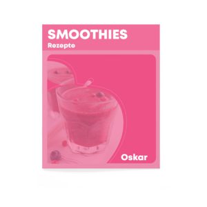 Das Bild zeigt das Cover des Smoothie-Rezeptbuch der Oskar Küchenmaschine. Das Bild zeigt ein Glas mit einem cremigen Frucht-Smoothie in Brombeer-Farbe.